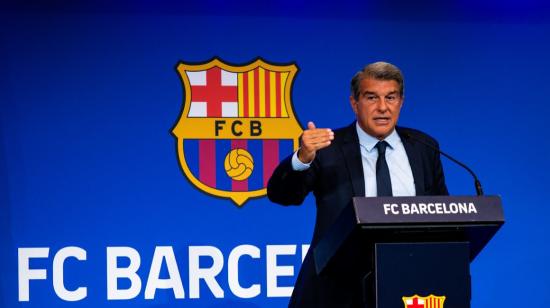 El presidente del FC Barcelona, Joan Laporta, en la conferencia de prensa del lunes 16 de agosto de 2021.
