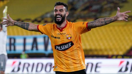 Gonzalo Mastriani, de Barcelona, celebra su gol ante Fluminense por Copa Libertadores, el jueves 19 de agosto de 2021.