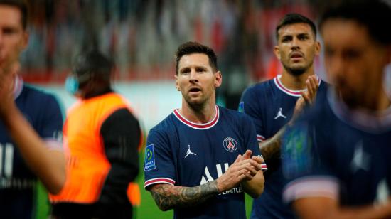 Lionel Messi reacciona después del partido de la Ligue 1 francesa entre el Stade Reims y el Paris Saint-Germain (PSG), el 29 de agosto de 2021.