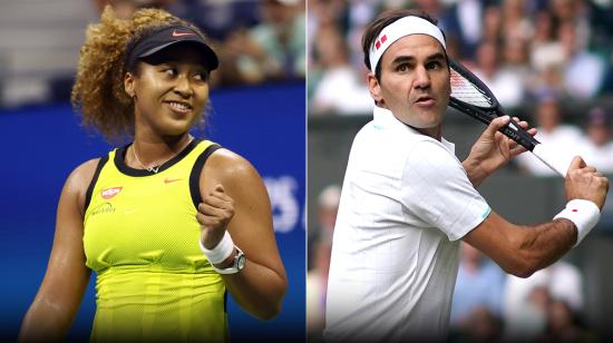 Naomi Osaka (i) y Roger Federer (d), durante partidos de US Open y Wimbledon, respectivamente, en 2021.