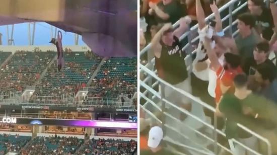 Un gato es rescatado por los aficionados en un estadio de fútbol en Miami.