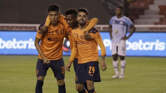 Jugadores de Liga de Quito, en el partido ante Guayaquil City, en el Estadio Rodrigo Paz Delgado, el 2 de octubre de 2021.