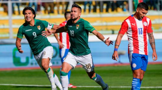 Rodrigo Ramallo celebra el 1-0 de Bolivia frente a Paraguay por la Fecha 12 de las Eliminatorias, el jueves 14 de octubre de 2021.