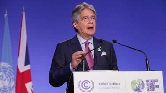 Guillermo Lasso, presidente de Ecuador, durante su discurso en la COP26, Conferencia del Cambio Climático de las Naciones Unidos, el 2 de noviembre de 2021.