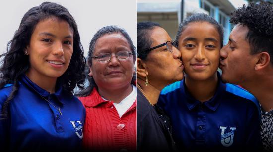 A la izquierda, Jenny Cajas junto a su abuela Cecilia Chillagana. Y a la derecha, Kerly Herrera con su madre Concepción y su hermano Ángel. Ambas, jugadores de la Universidad Católica. 