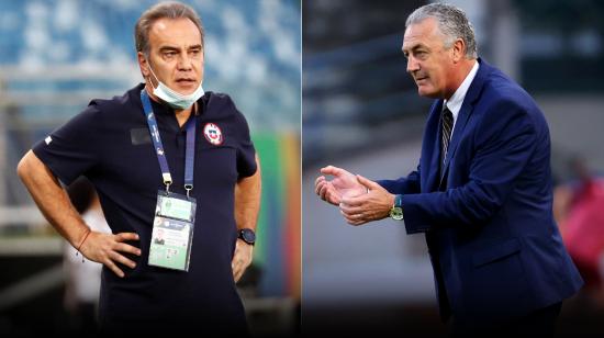 Martín Lasarte (i) y Gustavo Alfaro (d), un partido de las Eliminatorias sudamericanas a Catar 2022