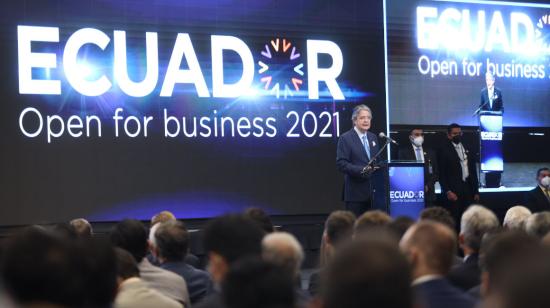 El presidente de la República, Guillermo Lasso, en la inauguración del  Ecuador Open For Business. 18 de noviembre de 2021