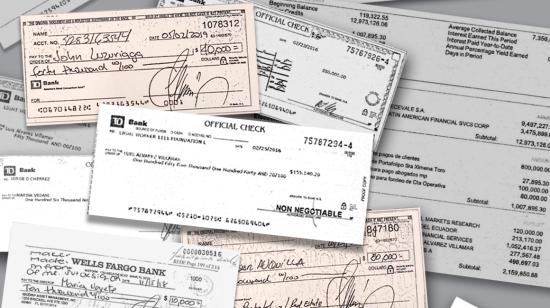 Fotogramas de los cheques que habría emitido el Jorge Chérrez, implicado en el caso Isspol. Quito, 2 de diciembre de 2021