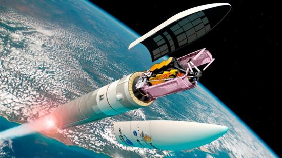 Impresión artística del telescopio espacial James Webb separándose del cohete Ariane 5 tras el lanzamiento desde el puerto espacial europeo en la Guayana francesa. 