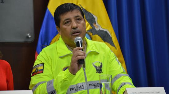 El general Marco Villegas, en una rueda de prensa del 29 de abril de 2019, en Quito.
