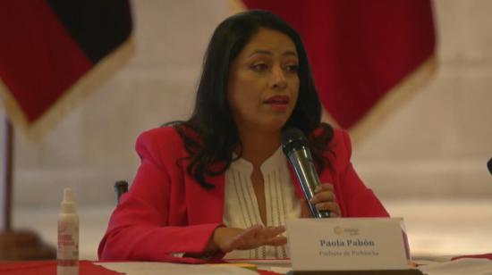 La prefecta de Pichincha, Paola Pabón, en una rueda de prensa, el 31 de enero de 2022.