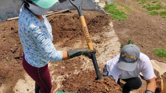 Trabajadores de BioCompost empacando el compost en la planta de producción en el sector de la Mitad del Mundo en Quito.