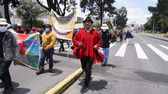 Leonidas Iza, presidente de la Conaie, durante la marcha a la Asamblea, el 22 de marzo de 2022.