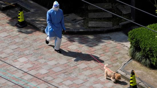 Un ciudadano en Shanghái, vestido con un traje de bioseguridad ante el brote de Covid-19, pasea a su perro, el 2 de abril de 2022. 