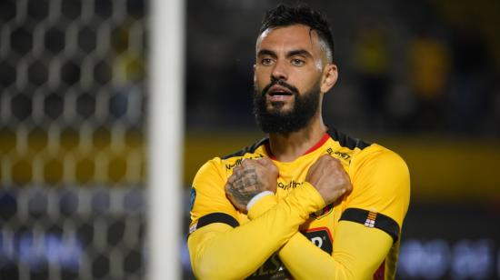 Gonzalo Mastriani, de Barcelona, celebra un gol anotado frente a Universidad Católica por la Fecha 6 de la LigaPro 2022.