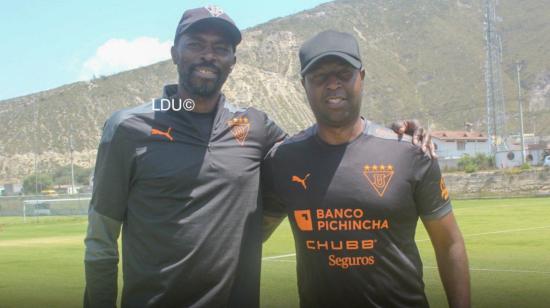 Geovanny Espinoza y Édison Méndez, durante un entrenamiento con la Sub 20 de Liga de Quito, el 24 de enero de 2022.