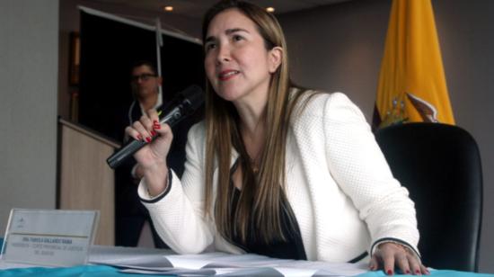 La presidenta de la Corte de Justicia de Guayas, Fabiola Gallardo, en una rueda de prensa en Guayaquil, el 21 de abril de 2022.