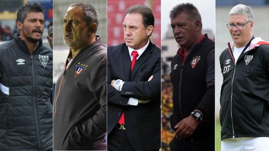 Gustavo Munúa, Pablo Marini, Álex Aguinaga, Claudio Borghi y Álvaro Gutiérrez, entrenadores de triste recordación en Liga de Quito. 
