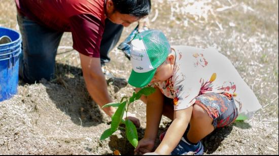 Niños y comuneros de Dos Mangas en Santa Elena, durante una jornada de reforestación, el 22 de abril de 2022.