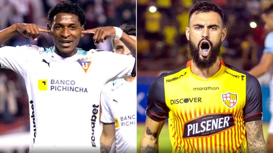 Nilson Angulo, de Liga de Quito y Gonzalo Mastriani, de Barcelona, festejan goles en la LigaPro.