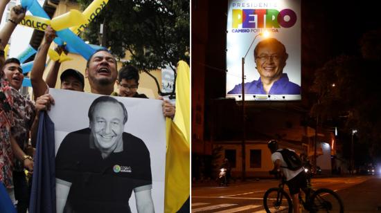 Las pancartas de los candidatos que pasan a segunda vuelta en Colombia: Rodolfo Hernández y Gustavo Petro.
