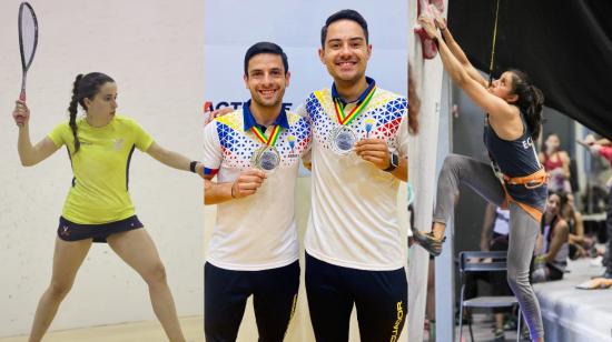 La deportista de squash María Paula Moya, los racquetbolistas José Daniel Ugalde y Juan Francisco Cueva, y la escaladora Andrea Rojas. 