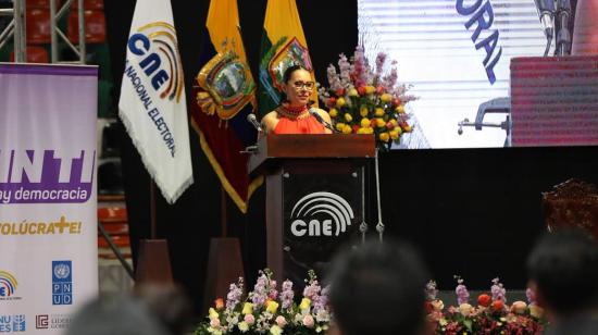 La presidenta del Consejo Nacional Electoral, Diana Atamaint, durante un un acto realizado en Morona Santiago, el 8 de julio de 2022.