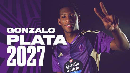 Imagen del Real Valladolid tras confirmar que el  jugador ecuatoriano, Gonzalo Plata, estará hasta 2027 con el club español.