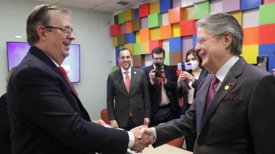 Reunión del presidente Guillermo Lasso con el canciller de México, Marcelo Ebrard, para revisar los avances de las negociaciones del acuerdo comercial. El encuentro fue el 7 de agosto de 2022, en Colombia.