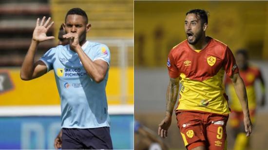 Ismael Díaz, de Católica y Francisco Fydriszewski, de Aucas, celebran goles en la LigaPro 2022.