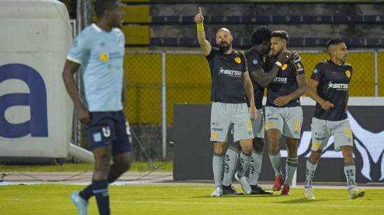 Juan Manuel Tévez de Aucas festeja el gol anotado ante Universidad Católica por la Fecha 9 de la segunda etapa de la LigaPro, el domingo 4 de septiembre de 2022.