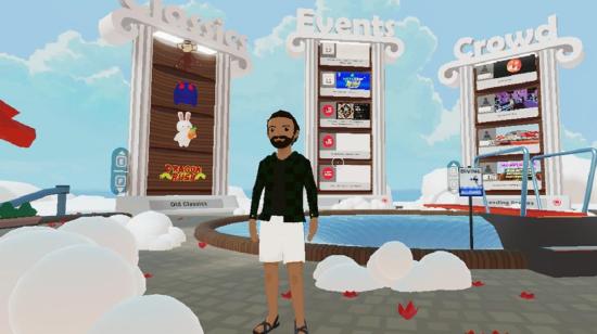 Vista frontal de un usuario en el entorno virtual del metaverso, Decentraland. 