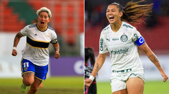 Las jugadoras de Boca Juniors, Yamila Rodríguez, y de  Palmeiras, Beatriz Zaneratto, celebran goles anotados en la  Copa Libertadores femenina 2022, en Quito.