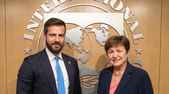 Pablo Arosemena, ministro de Economía; y Kristalina Georgieva,  directora del FMI, se reunieron en Estados Unidos, el 15 de octubre de 2022.