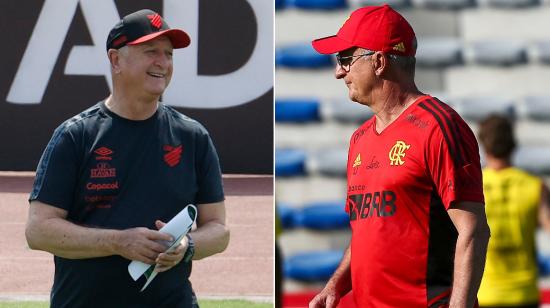 Los entrenadores de Paranaense y Flamengo, Luiz Felipe Scolari y Dorival Júnior, dirigiendo las prácticas de sus clubes en Guayaquil antes de la final única de la Copa Libertadores 2022.