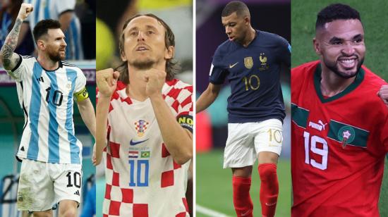 Lionel Messi de Argentina, Luka Modric de Croacia, Kylian Mbappé de Francia y Youssef En-Nesyri de Marruecos, figuras de los equipo semifinalistas del Mundial 2022.