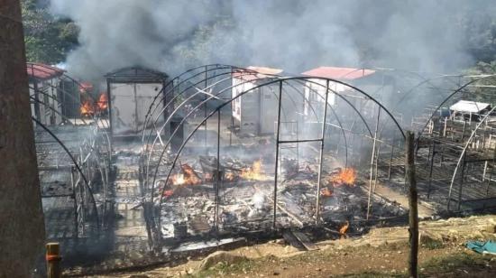 El campamento del proyecto Warintza, en Morona Santiago, fue incendiado en junio de 2022, durante el paro nacional.