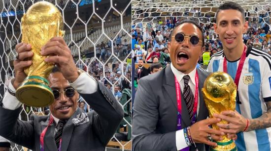 'Salt Bae' mostrando el trofeo de la Copa del Mundo, después de la final entre Argentina y Francia. Es investigado por la FIFA. 