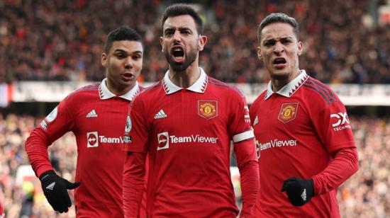 Los jugadores del Manchester United festejan un gol en Old Trafford, el 14 de enero de 2023.