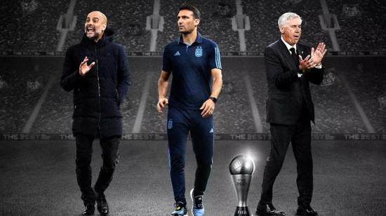 Pep Guardiola (izquierda), Lionel Scaloni (medio) y Carlo Ancelotti (derecha), nominados a mejor entrenador de la FIFA 2022.