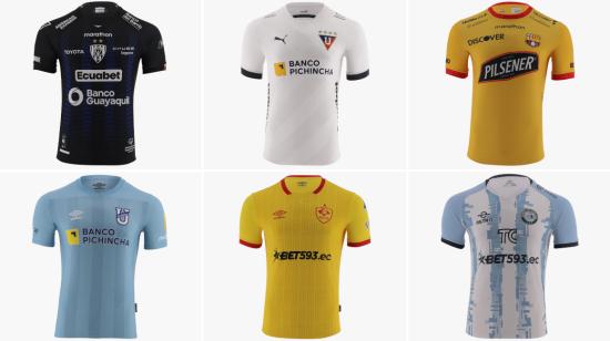 Camisetas de Independiente del Valle, Liga de Quito, Barcelona, Universidad Católica, Aucas y Guayaquil City para la temporada 2023.