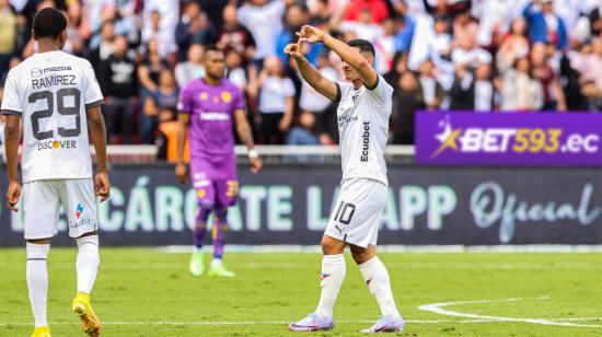 Los jugadores de Liga de Quito luego del gol anotado antes Aucas por la Fecha 2 de la LigaPro 2023, el sábado 4 de marzo.