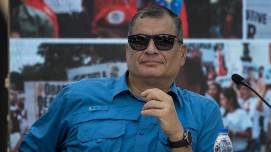 El expresidente de Ecuador, Rafael Correa, asiste en un acto por el "Día del Antiimperialismo Bolivariano". 9 de marzo de 2023