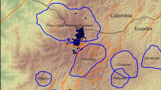 Lugar en el mapa donde ocurrió el enjambre sísmico en la frontera entre Ecuador y Colombia, el 10 de marzo de 2023. 