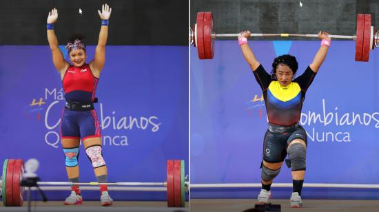 Las pesistas ecuatorianas Neisi Dajomes y Tamara Salazar durante el Campeonato Mundial de Halterofilia, en Colombia.