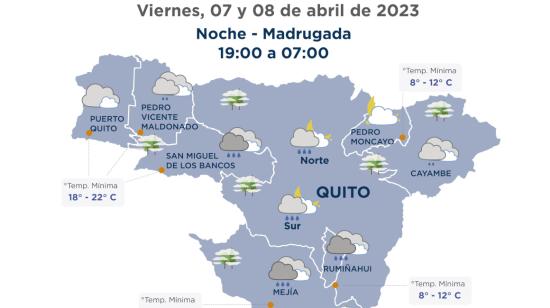 Imagen del pronóstico del clima en Quito para el feriado de Semana Santa, el 7 de abril de 2023.