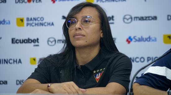 Angie Tellez, durante su presentación con Liga de Quito, el 12 de abril de 2023.