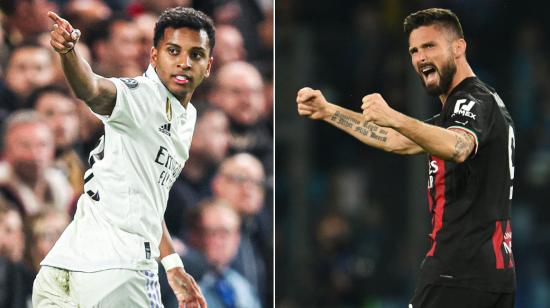 Rodrygo Goes, del Real Madrid, y Olivier Giroud, del AC Milan, en sus partidos de la Champions League, el 18 de abril de 2023.