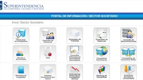 Imagen del portal de la Superintendencia de Compañías, Valores y Seguros. 