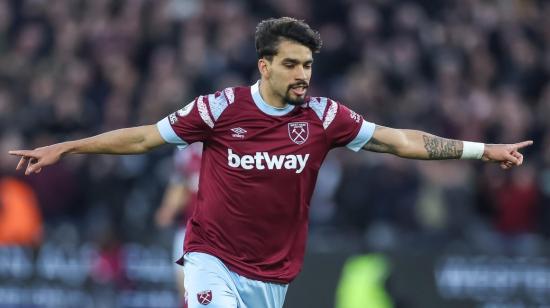 Lucas Paqueta, del West Ham United, celebra un gol. La publicidad de las casas de apuestas deberán salir de la parte frontal de las camisetas de fútbol.